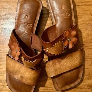 Ted Arthur Leather Slides Artisan Handcrafted Leather Layered Floral Applique